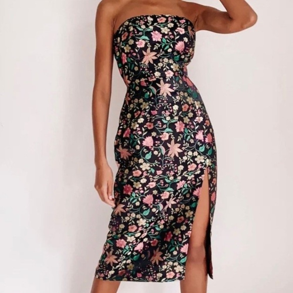 Lulus Floral Brocade Strapless Cowl Neck Midi Dress Black Pink Green Small NWT